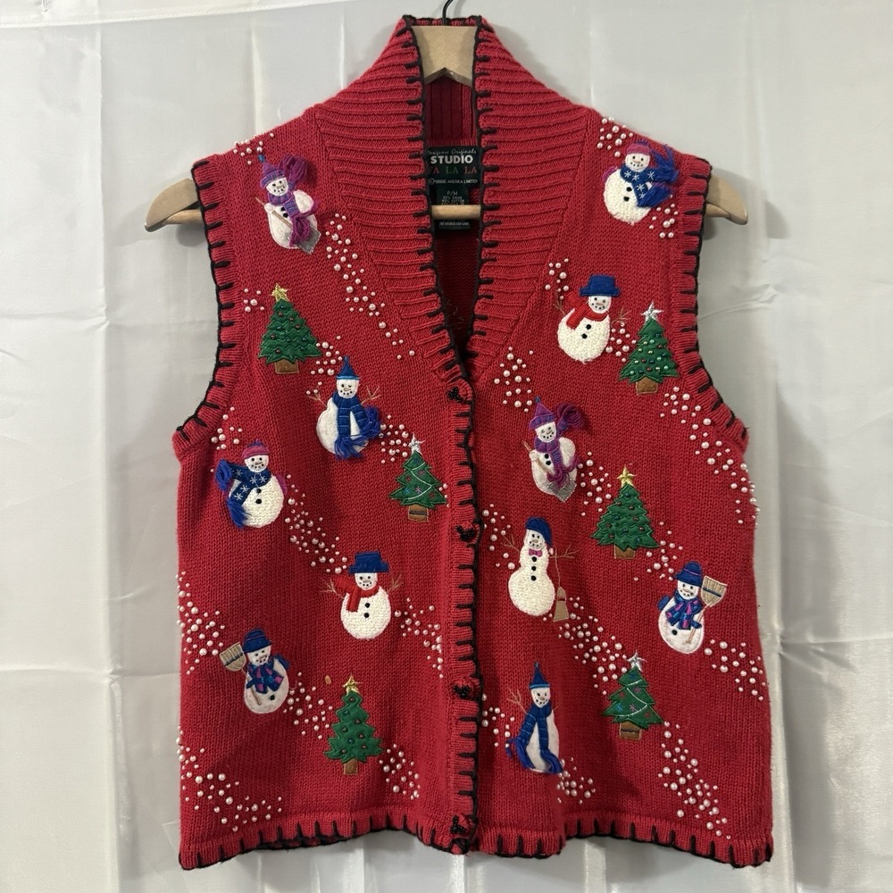 Ugly Christmas Sweater Vest Womens PM Cardigan Snowmen‎ 3D Embroidered Vintage